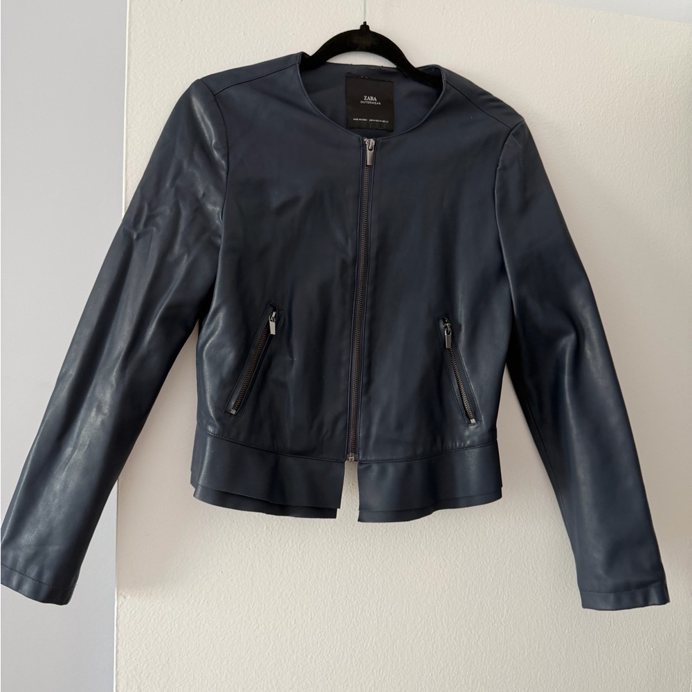 Zara Navy Blue Leather Zip Jacket